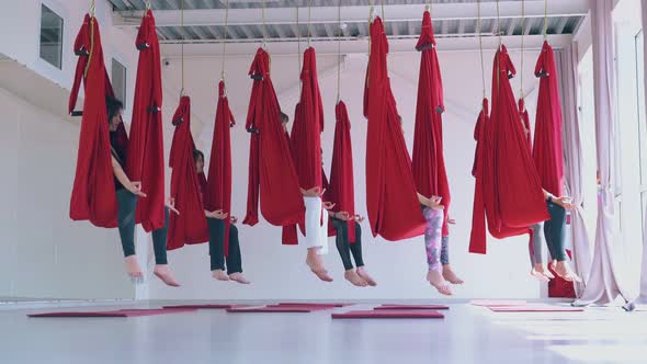 Women Group Practices Anti-gravity Yoga Meditation