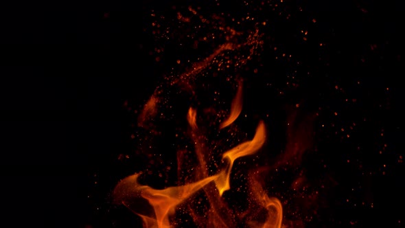 Super Slow Motion Shot of Fire and Sparks Isolated on Black Background at 1000Fps