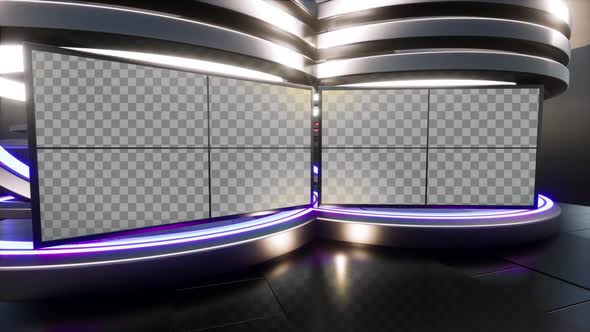 3D Virtual TV Studio News With Neon Lights In The Background Loop 3