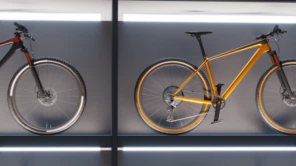 Colorful bikes in luxury bike store. Wall exposition. Mountain cycling. 4k HD