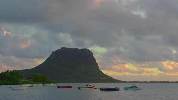 Timelapse of Mountainous Landscape of Mauritius with Indian Ocean and Sunset Clouds