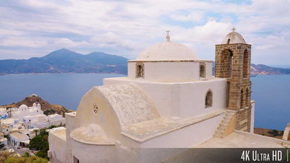 4K Parallax view of Panagia Thalassitra Church on Milos island, Greece