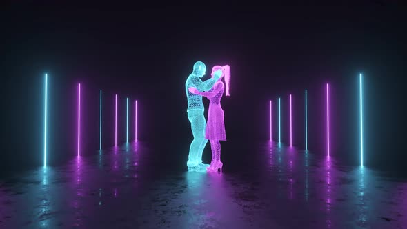 Guy and Girl Kissing in Digital Cyberspace with Neon Lighting