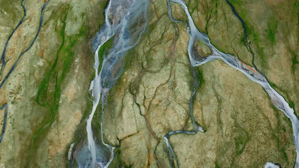Aerial Top View of Nordic Landscape Flyover Green Valley Beautiful Formations Flight Over Winding