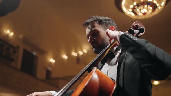 Inspired Cellist is Playing Cello on Scene of Music Hall Concert of Symphonic Orchestra in