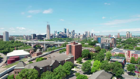 Drone aerial shot of the Minneapolis skyline on a sunny day in the summer