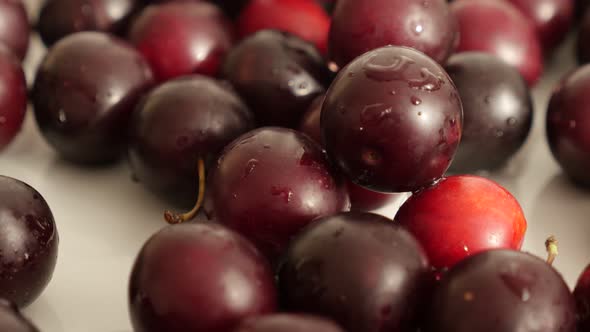 Fresh cherry plum on table close-up 4K 2160p 30fps UltraHD tilting footage - Red Prunus cerasifera f