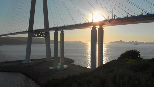 Russkiy Cable Bridge During Sunset in a City of Vladivostok Russia