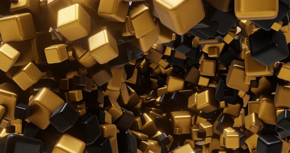 3D animation of flying rotating gold and black cubes
