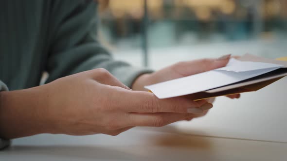 Closeup Female Hands Holds Envelopes Letters Correspondence Receive Alerts From Bank Account