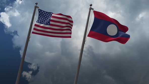 Waving Flags Of The United States And The Laos  2K