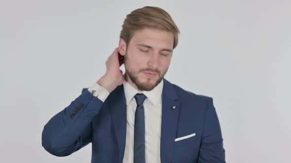 Young Businessman with Neck Pain on White Background