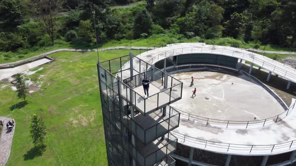 Helix drone footage of high stairs iron floor