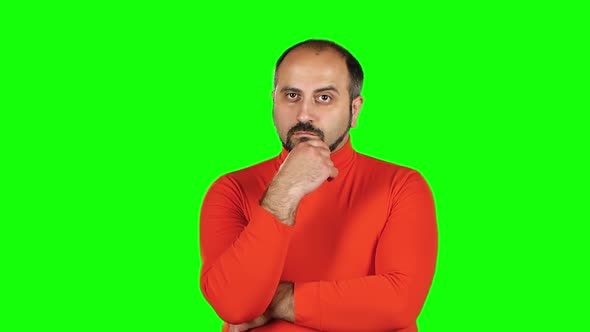 Full Caucasian Man Looking at Camera, Listens Attentively Stroking a Beard. Green Screen. Slow