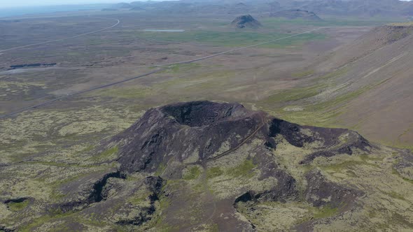 Panoramic View Of Reykjanes Peninsula With Stóra-Eldborg Near Geitafell In Iceland. Aerial Shot