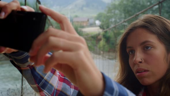 Traveler Girl Posing Selfie on Cellphone Outside