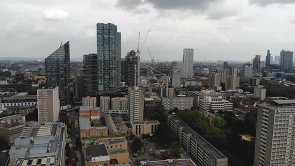 Reverse aerial view of Clerkenwell, Islington on a cloudy day