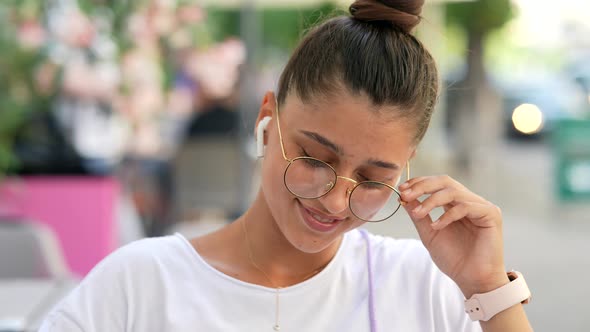 Portrait Close Up of Young Beautiful Girl on Street