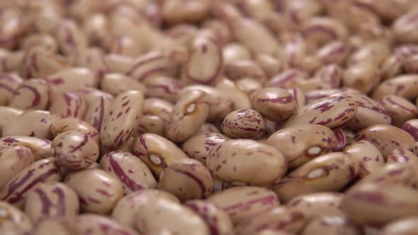 Dry uncooked pinto beans fall in a heap in slow motion