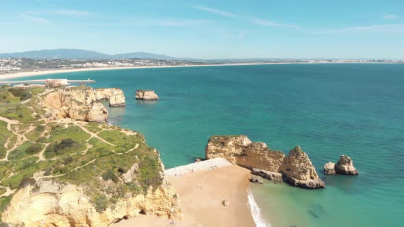 Aerial view of Praia da Dona Ana beach and Praia do Pinhao beach, Lagos , Algarve , Portugal