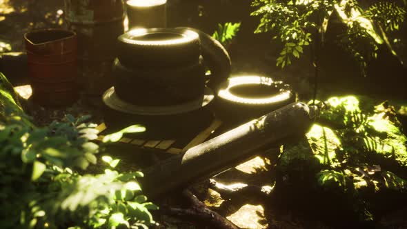 Old Used Wheels in the Tropical Forest As Pollution Concept