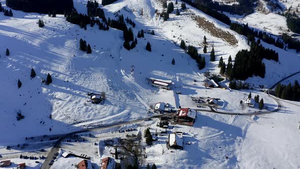 Aerial view of ski resort, Mangfall Mountains, Upper Bavaria, Germany