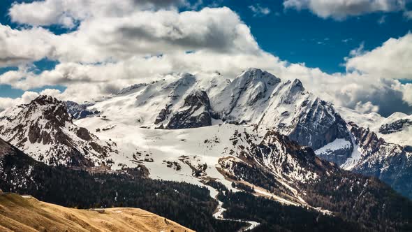 View to mountain from the Sella Pass in the Dolomites, 4k timelapse