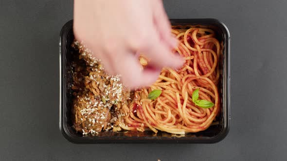 Italian Spaghetti with Meat in Lunch Box Closeup