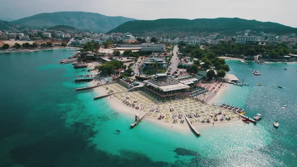 Aerial View Exotic Beach with Turquoise Water in Albania Ksamil Islands