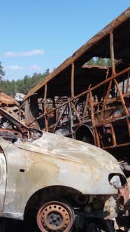 Vertical Video of Destroyed and Shot Cars in the City of Irpin Ukraine  the Consequences of the War