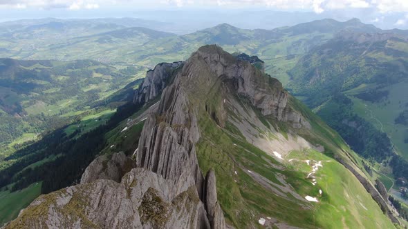 Drone shot of the Shafler mountain ridge in Appenzell Alps, Switzerland, Europe