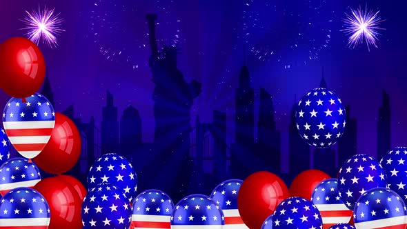 USA Themed Background With Balloons And Fireworks