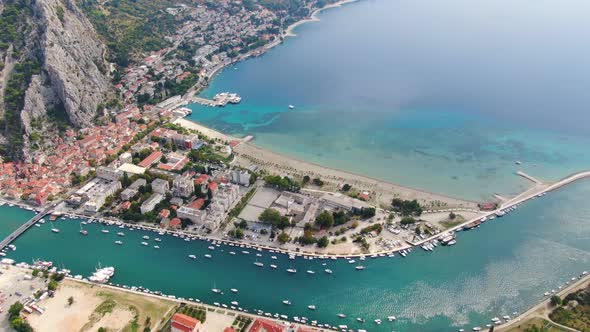 Aerial footage of Omis town, Dalmatia region, Adriatic Sea, Croatia