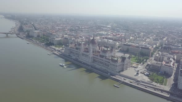 Aerial view of Parliament palace of Budapest on Danube riverside. Hungary