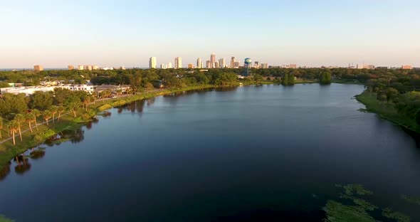 4K Aerial Tilt Down Video from Downtown St Petersburg Skyline to Crescent Lake