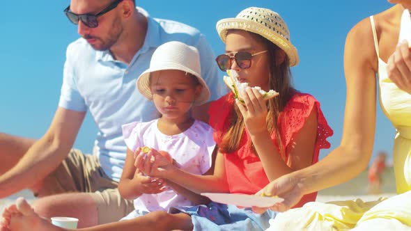 Happy Family Having Picnic on Summer Beach