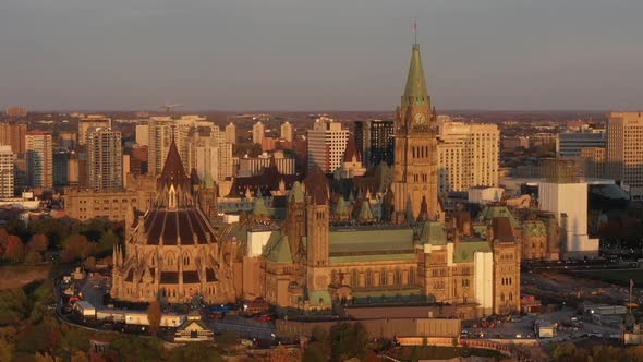 Canadian Parliament Hill in Ottawa Golden Hour Aerial