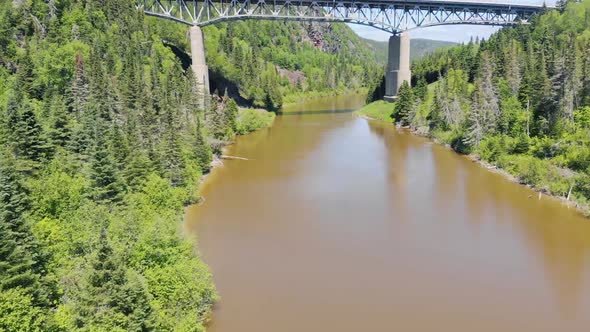 A drone flies near trees and above a river towards a very tall bridge in the background. The bridge