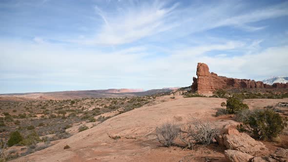 View from distant hike of Balance Rock at Arches National Park, Pan