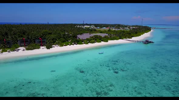 Aerial sky of exotic bay beach adventure by blue ocean with white sandy background of a dayout near 