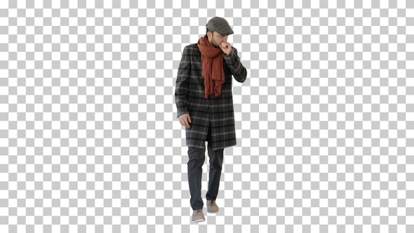 Stylish Gentleman Walking and Coughing, Alpha Channel