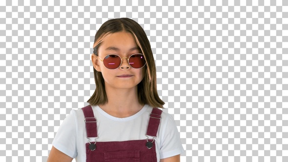 Asian child in sunglasses walking, Alpha Channel