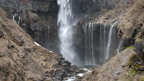 Slowmotion View of Kegon Waterfall with Snowy Basalt Wall Japan