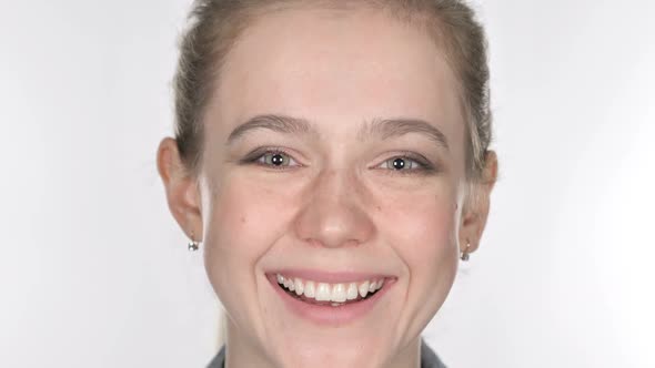 Close Up of Smiling Casual Young Woman Face White Background