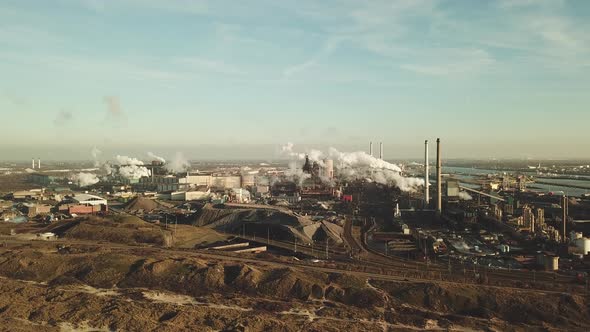 Aerial view of factory Tata Steel with smoking chimneys in Holland