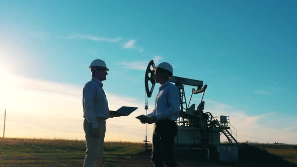 Male Technicians Are Shaking Hands Near an Oil Pumping Unit