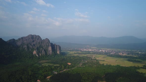 Nature landscape near town of Vang Vieng in Laos seen from the sky