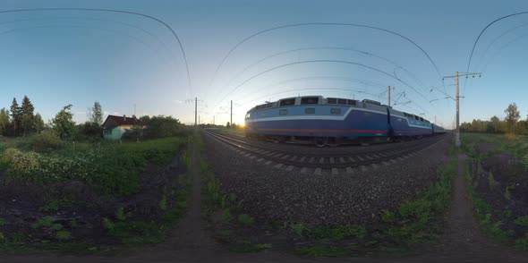 360 VR Train Moving Across the Countryside at Sunset. Mozhaisk, Russia