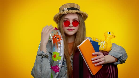 Displeased Tired Boring Traveler Tourist Teen Stylish Girl in Summer Clothes on Yellow Background