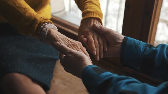Aged Elderly Married Couple Holding Their Wrinkled Hands Against the Window During Winter Time Close